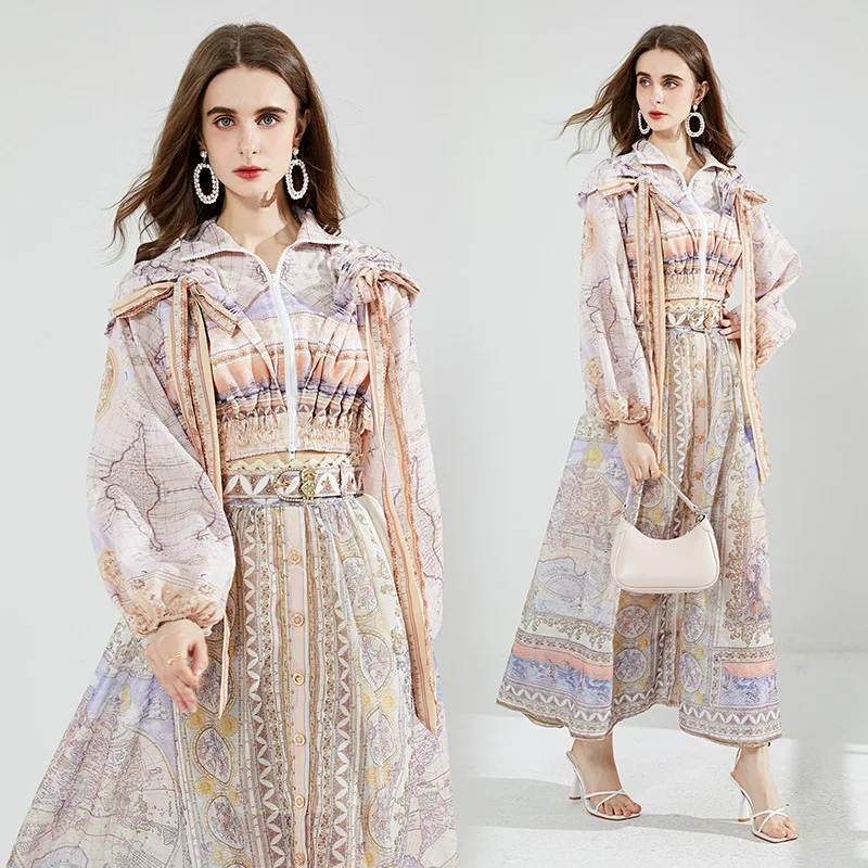 French Retro Court Style Lace-up Top and Skirt Two-piece Set with Belt