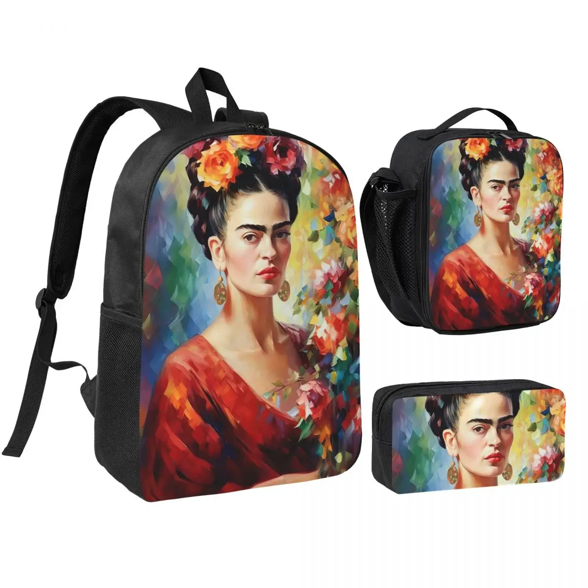 Mochila Frida Kahlo para meninos e meninas, bolsa escolar, bolsa de ombro, 3 peças, bolsa térmica para almoço, estojo para lápis