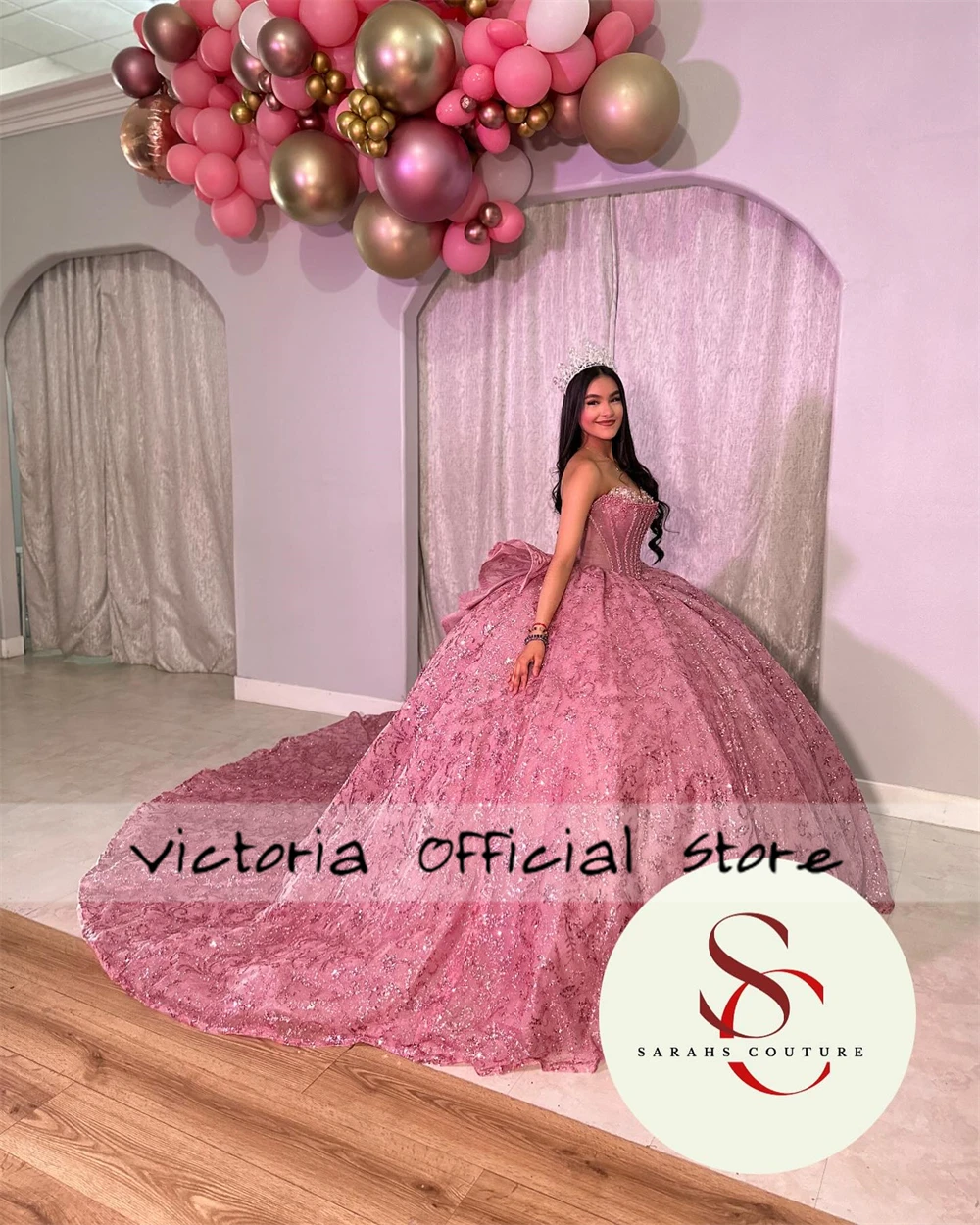 Roze Glanzende Kralen Strapless Quinceanera Jurken Baljurk Mexicaanse Zoete Zestien Jurk Bruidsjurken Glans Vestido