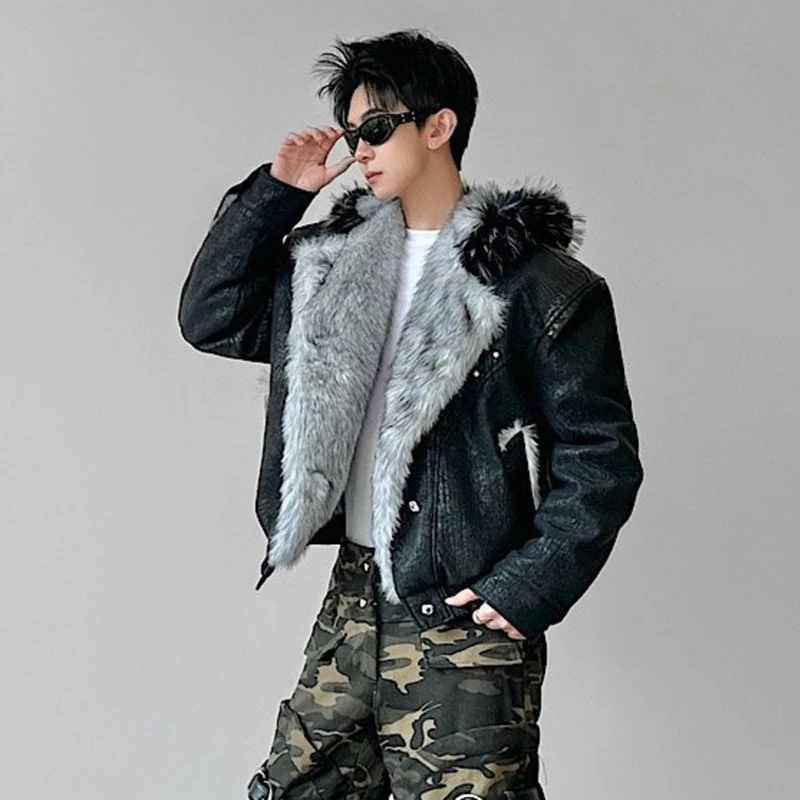 LUZHEN Winter New Stylish Textured Leather Hooded Jacket 2026 Men's Fashion High Quality Faux Fur Liner Street Parka Coat JY9125