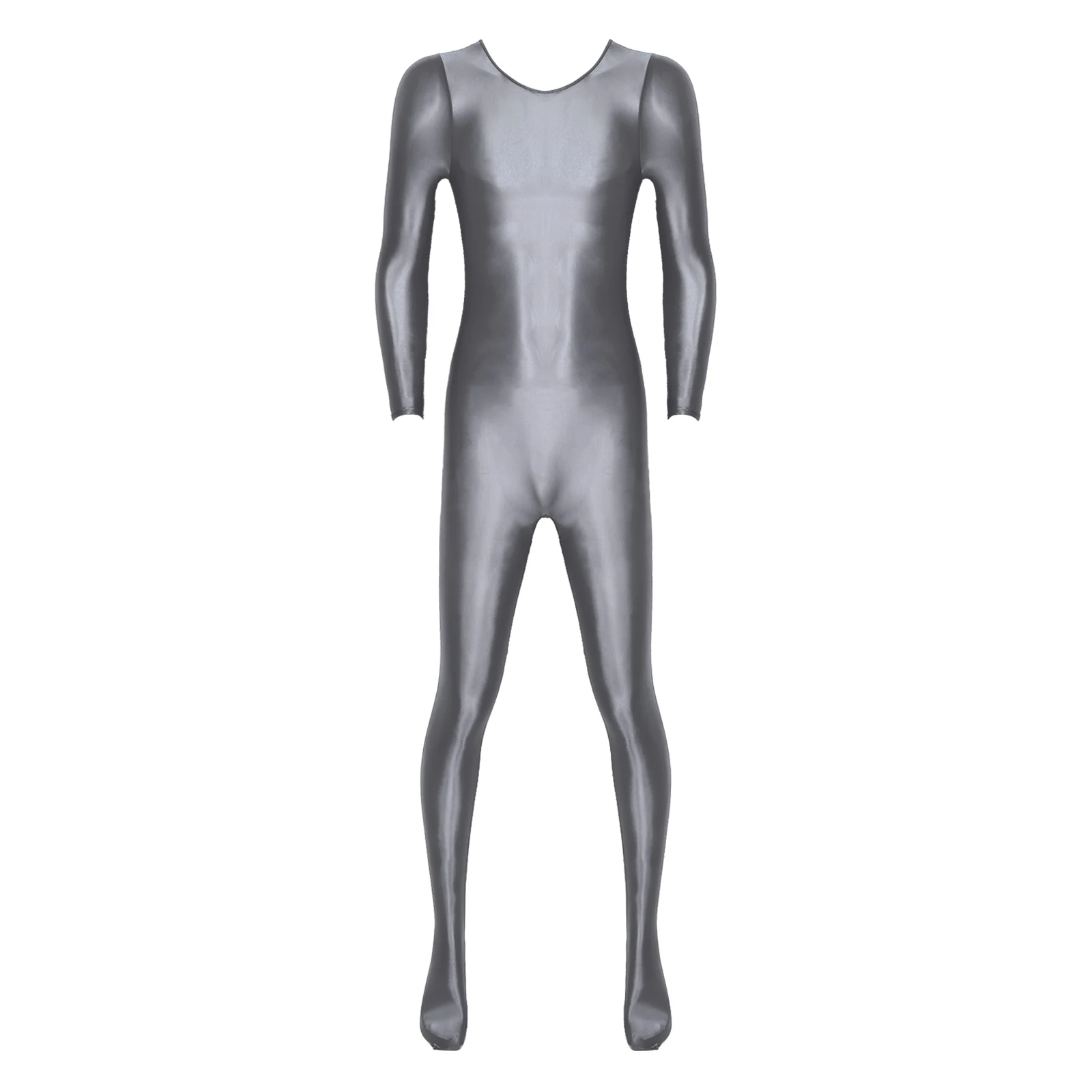 Men Glossy Smooth Bodystocking Oil Shiny Long Sleeve One-Piece Bodysuit Jumpsuit Gym Fitness Full Body Leotard Swimwear Swimsuit