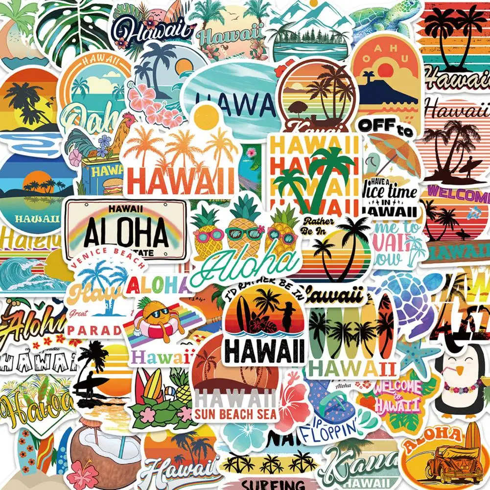 PVC 50Pcs Stylish Hawaii Summer Style Cartoon Graffiti Sticker Ultra-Thin Luggage Decal Residue Free   Household Supplies