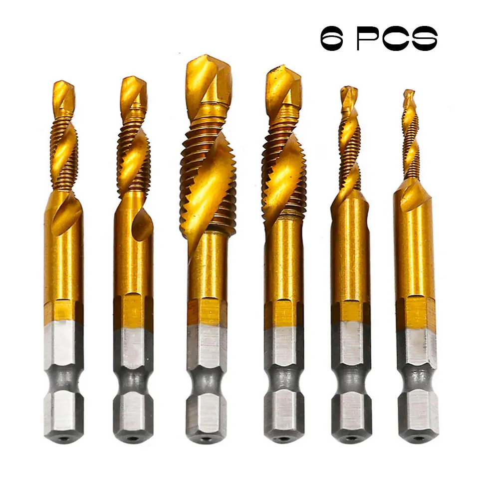 6Pcs Titanium HSS Combination Drill Tap Bit Countersink Hex Shank M3-M10