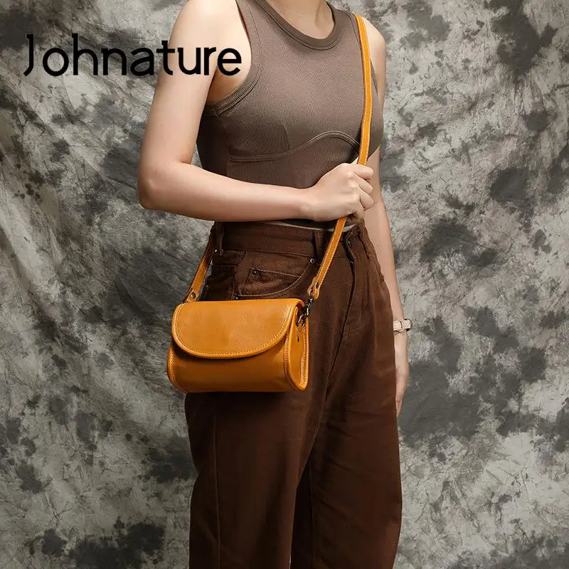 Johnature Genuine Leather Retro Small Bag Women 2024 New Soft Real Cowhide Simple Solid Color Shoulder & Crossbody Bags