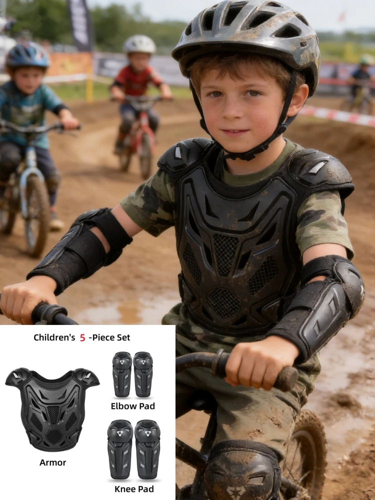 Kids Motorcycle Armor Vest 5Pcs Knee Elbow Pads Motocross Off-Road Chest Back Protector Riding Gear for Children Boys Girls