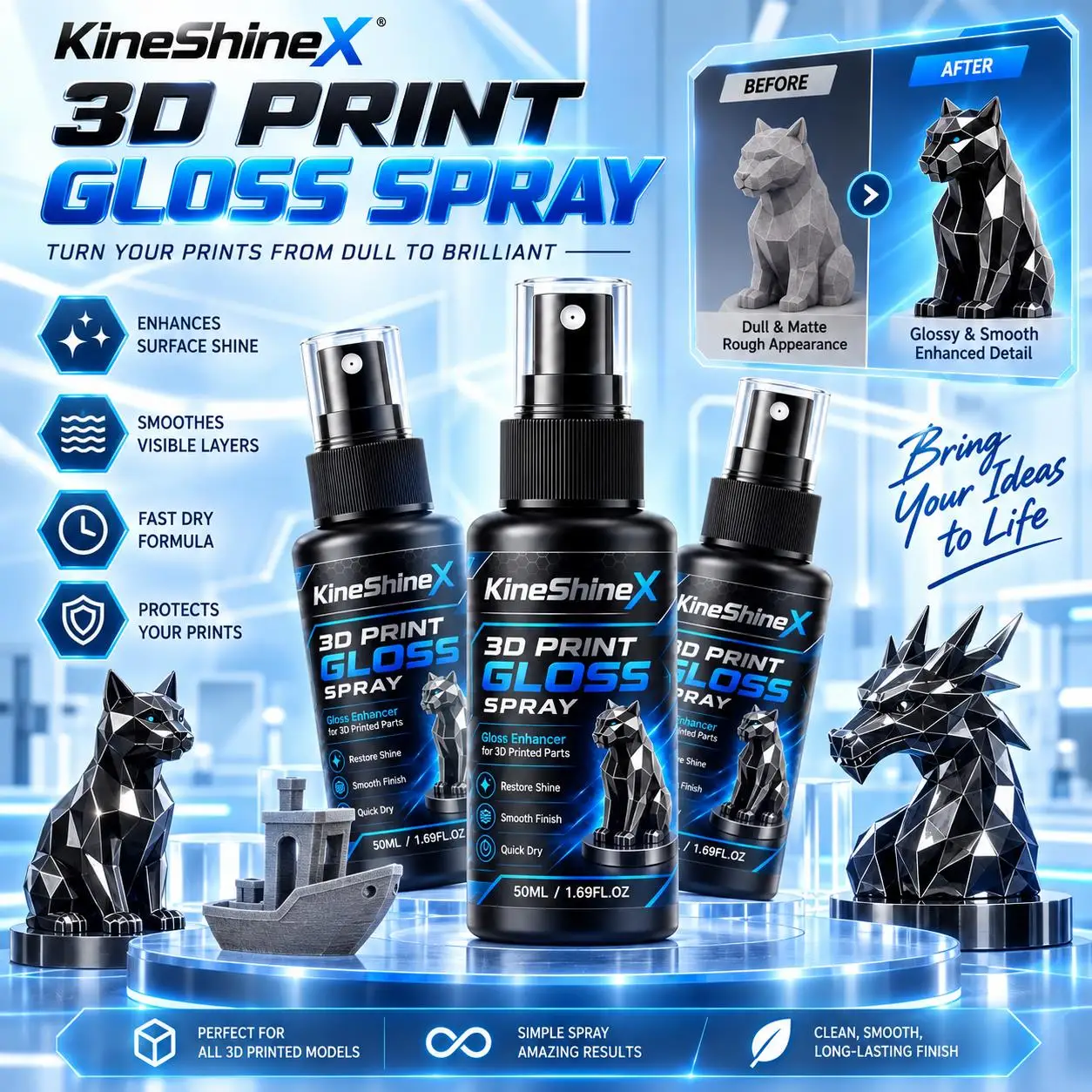 New 3D Print Gloss Spray Quick-Dry Shine Enhancer for PLA ABS PETG Models Figurines Props 3D Printing Model Polish Liquid