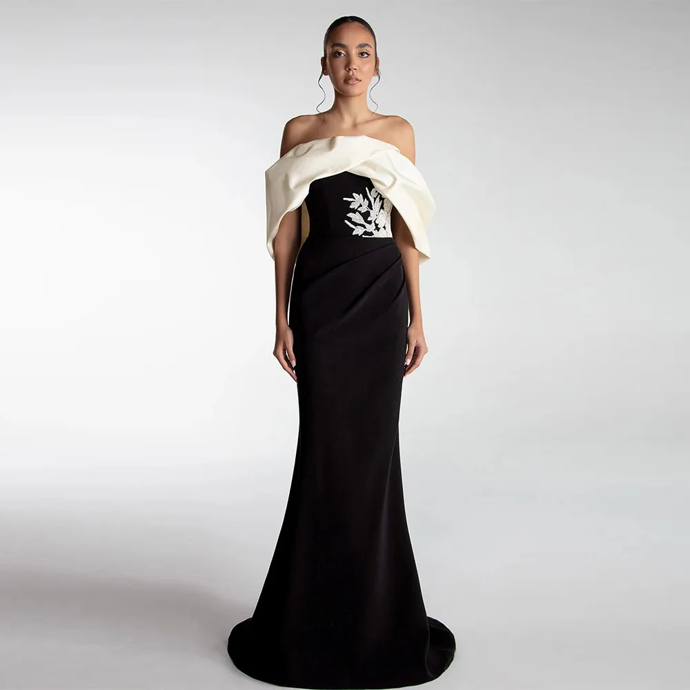 فستان سعودي أسود مخصص جيرسي قبالة الكتف البوق بلا أكمام طول الأرض فساتين السهرة يزين فستان الحفلات #1