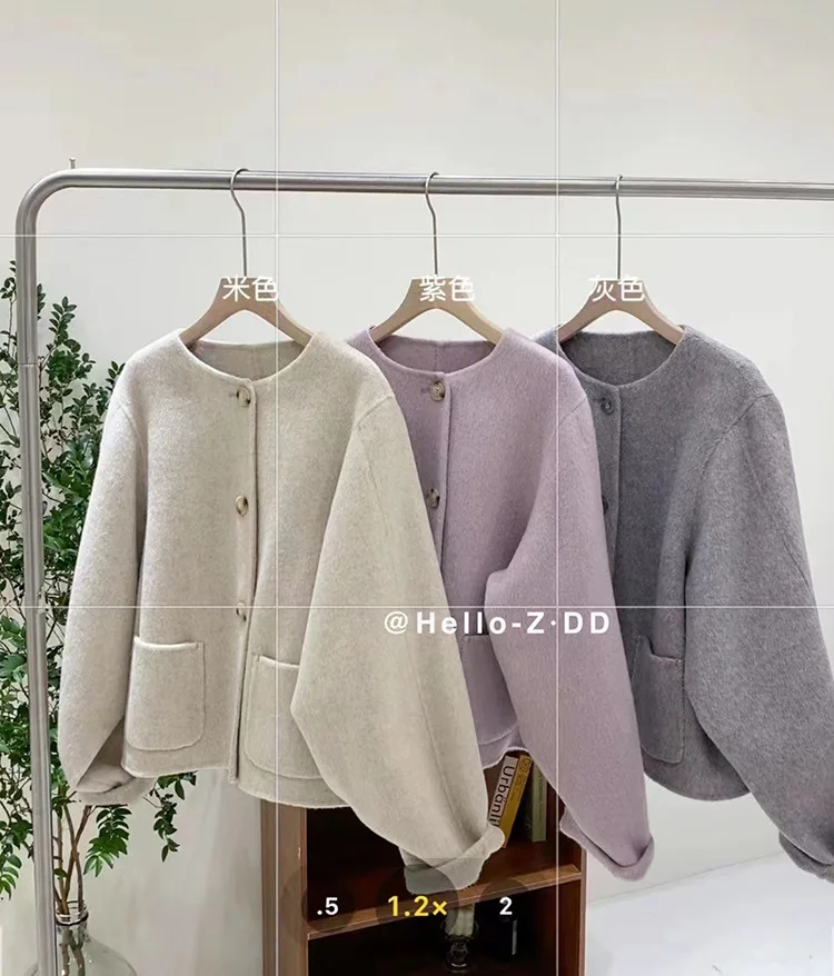 

High Quality Wool Double-sided Coat Women Short Loose Single-breasted O-neck Long Sleeve Pocket Gentle Coat Spring 2023 Fashion