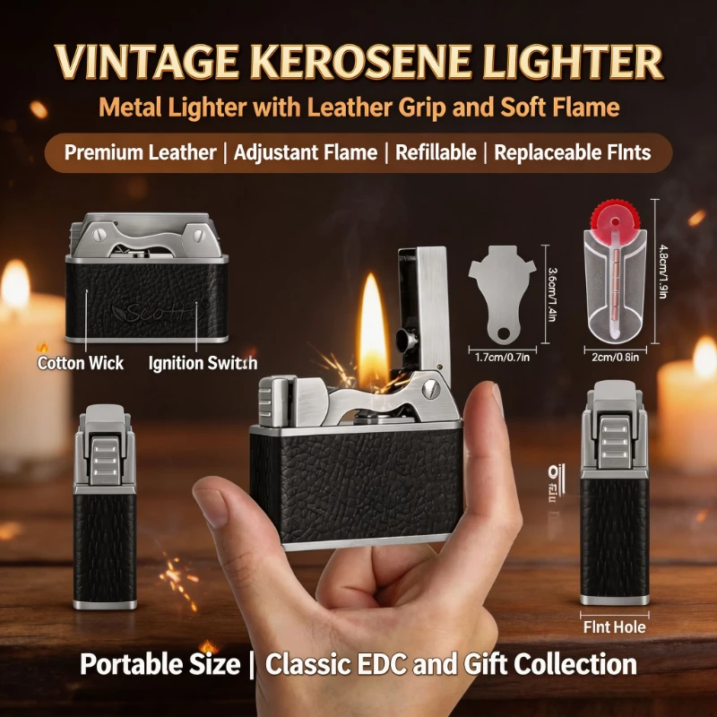 New Scotte Vintage Trench Lighter Metal Leather Windproof Soft Flame Refillable Collectible for Retro Smoking Aficionados