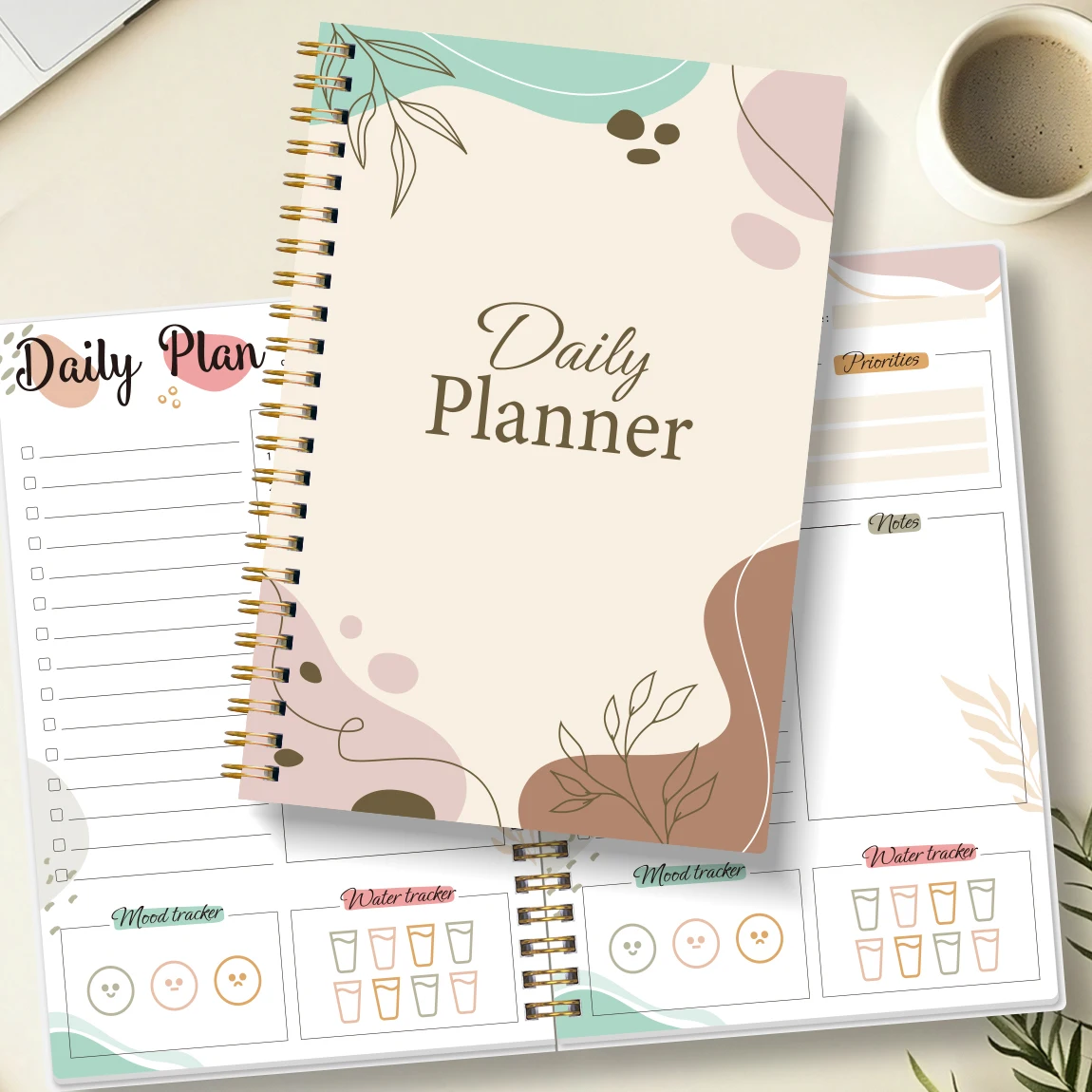 A5 Daily Planner Spiral Notebook with Priorities Notes Mood & Water Tracker, Thick Paper, Waterproof Cover