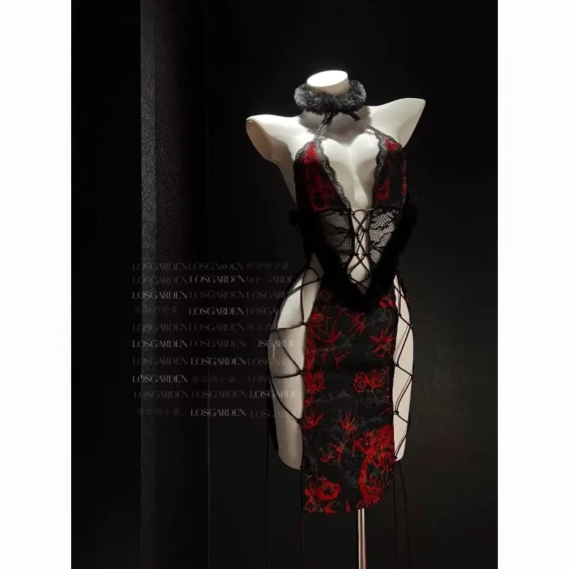 Sexy Ancient Chinese Improve Cheongsam Dress Women Traditional Bandage Erotic Nightgown Exotic Charm Lace Hollow Out Qipao Skirt