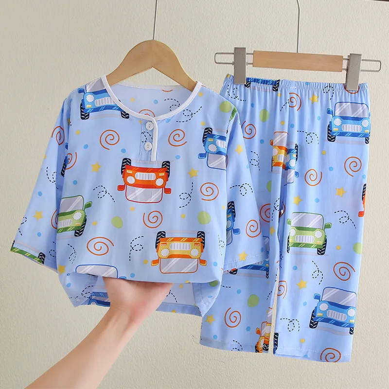Kids Boys Girls Pajamas 2026 Summer Thin Cute Cartoon Three-quarter Sleeve O-Neck Pyjamas Homewear Baby Sleeping Clothing Sets