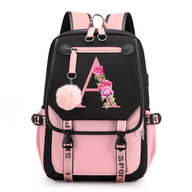 School Bags for Girls 26 Alphabet Floral Print Large Capacity Teenager Canvas Book Bag A-Z 26 Pink Flower Alphabet College Bag