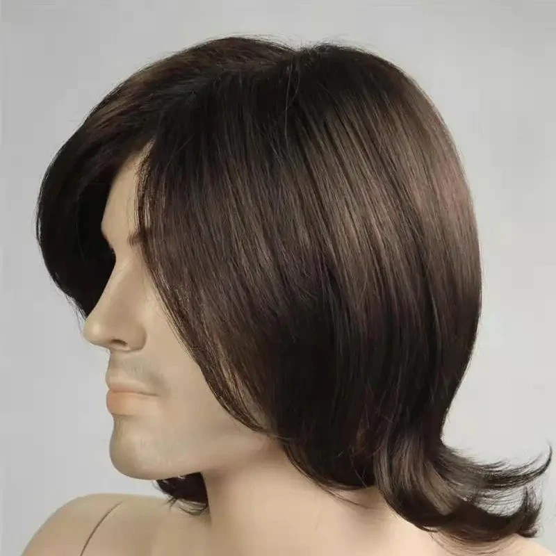 HAIRJOY Men Brown Short Layered Curly Synthetic Hair Wig Male Wigs with Bangs