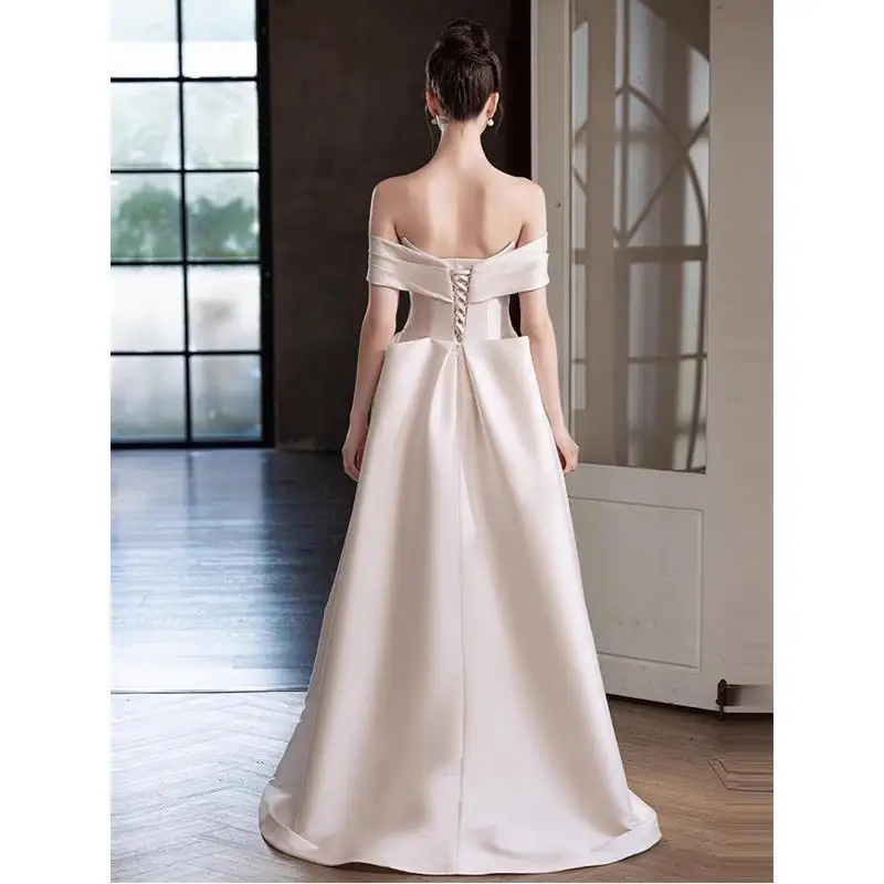 VENSANAC Elegant Pleat Boat Neck Satin A-Line Wedding Dress Off The Shoulder Bow Lace Up Backless Bridal Gown Customized