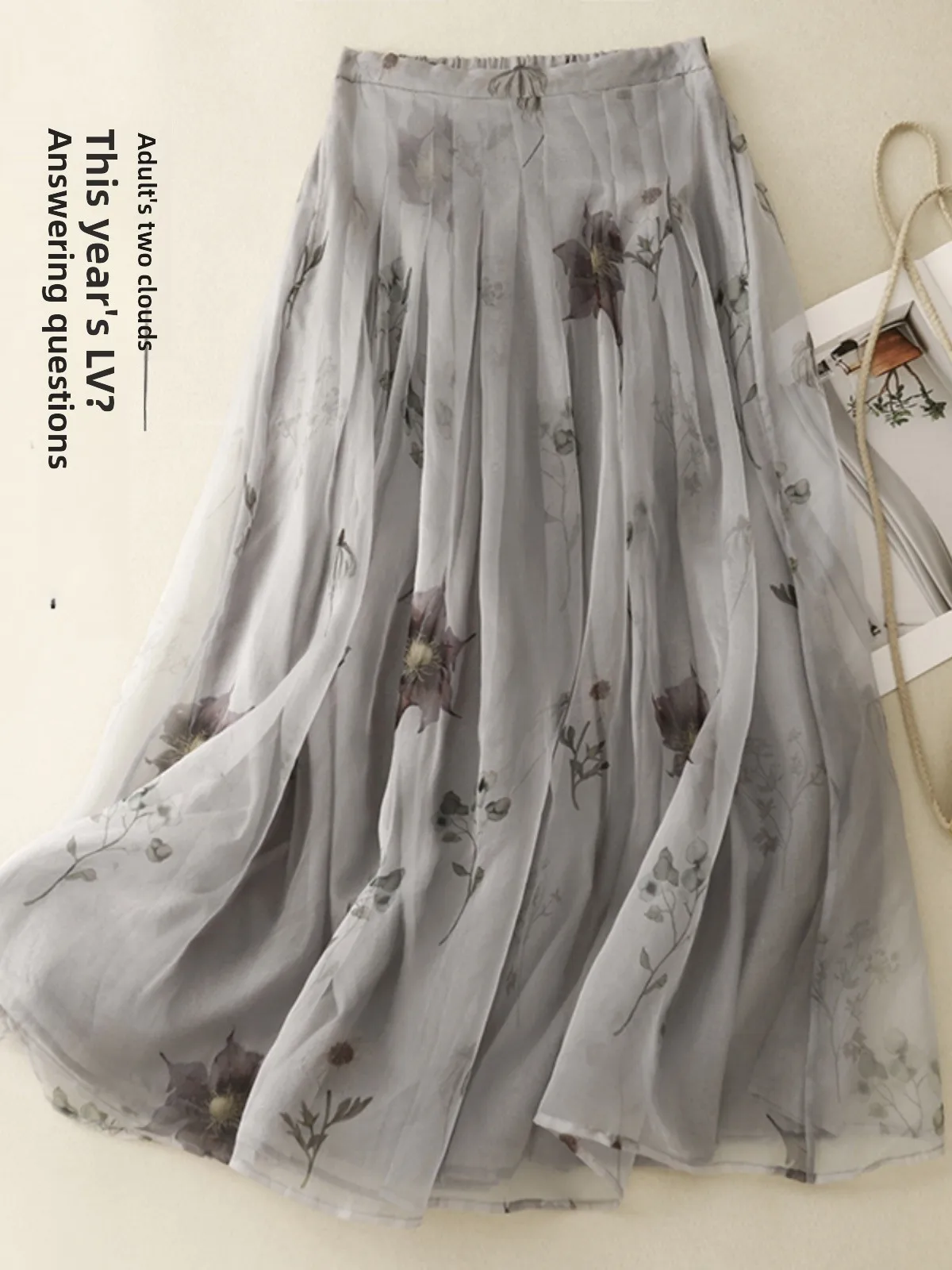 جديد الصينية Sle الوسائط المائية طباعة مزدوجة الطبقات الكتان عالية الخصر الصيف رقيقة ألف خط تنورة طويلة المرأة Faionable ماكسي تنورة #1