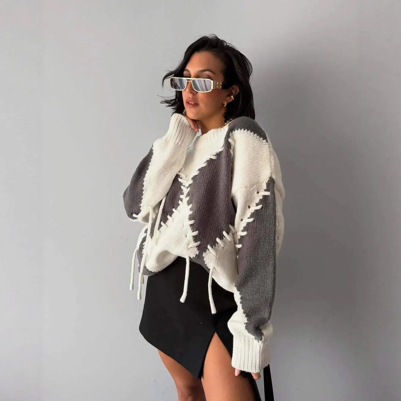 

Женский круглый вязаный свитер Ne Long Sve, цветной дизайн, свободный крой, средний вес, зимний новый тренд Sle Faion