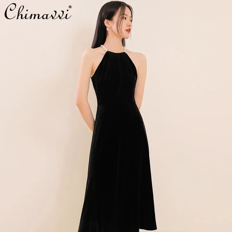 

French Elegant Socialite Sexy V-Neck Sling Evening Dress Pearl Beaded High Waist Loose Velvet Temperament Black Long Dress Women