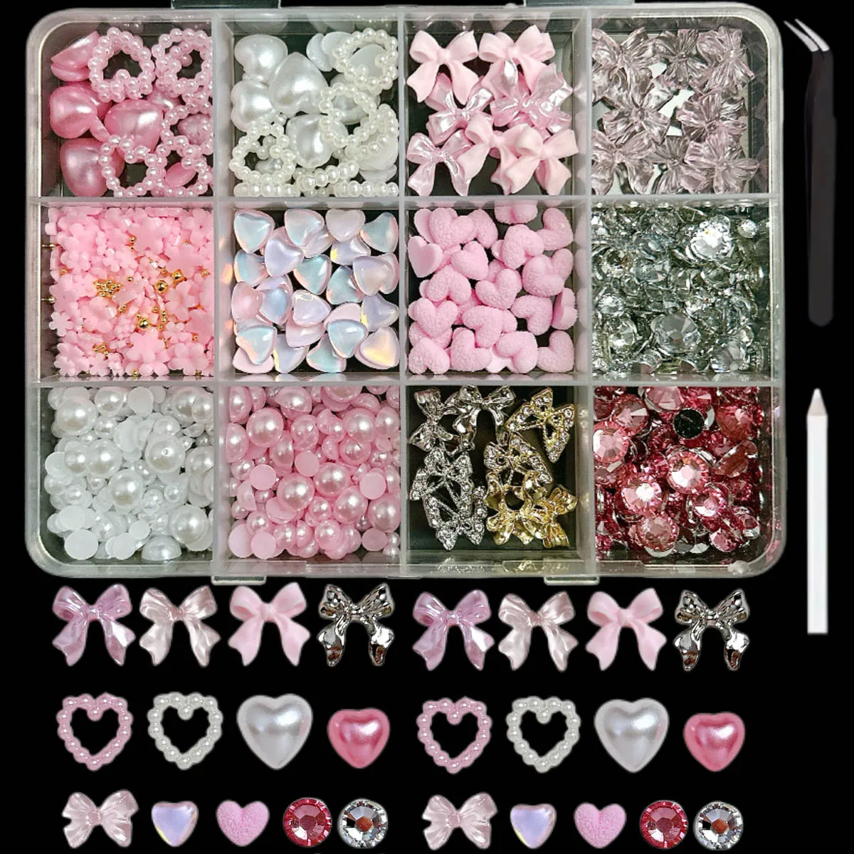 1 صندوق مقلد فلاتباك اللؤلؤ الراين مسمار السحر الحلو القوس القلب زهرة سبيكة فراشة مسمار الفن زينة DIY أجزاء الأظافر