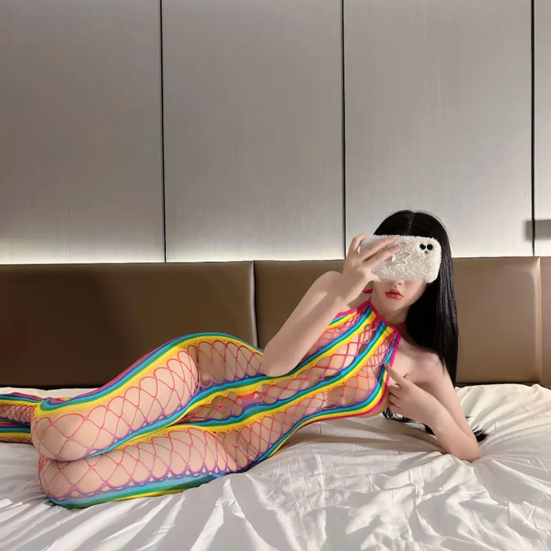 Ladies' Sexy Colorful Fishing Net Jumpsuit with Open Crotch Flirtatious and Hot on The Bed Passionate Sleepwear Midnight Charm