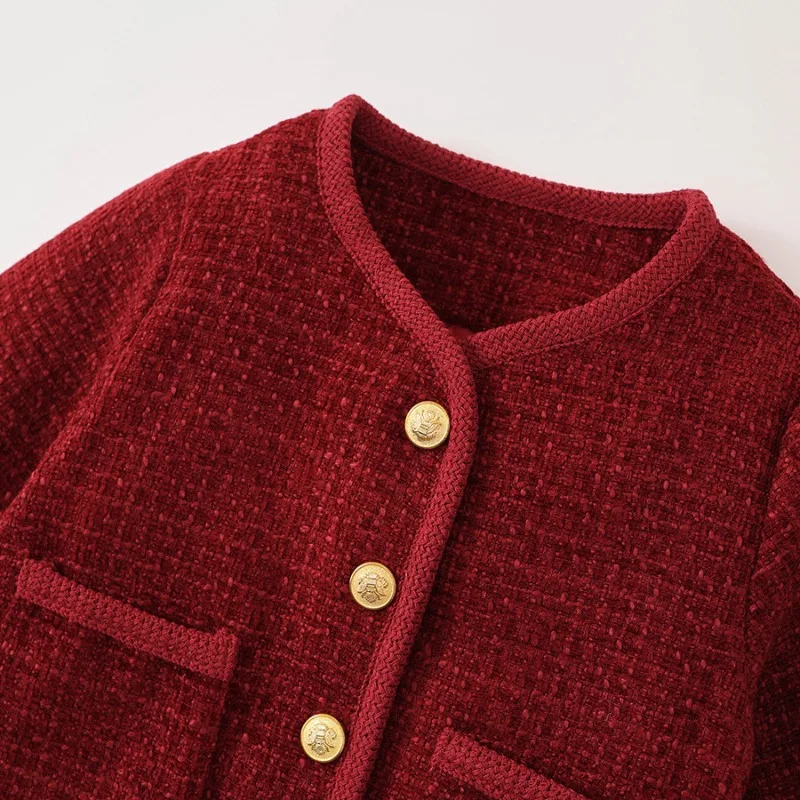 

Girls' cotton padded thick red cotton jacket 2025 autumn and winter new item Korean version top pleated skirt two-piece set
