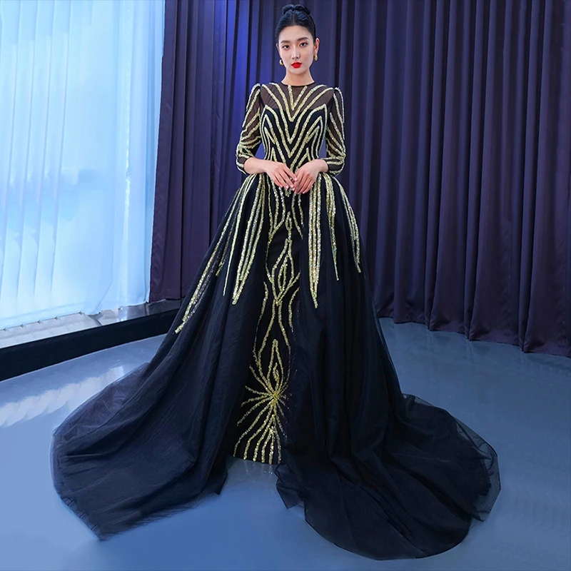 أنيقة سعيد دبي المرأة أنيقة الذهب الموضوع بريق فاخر العربية مساء فستان الزفاف حزب ثوب مخصص انفصال الذيل