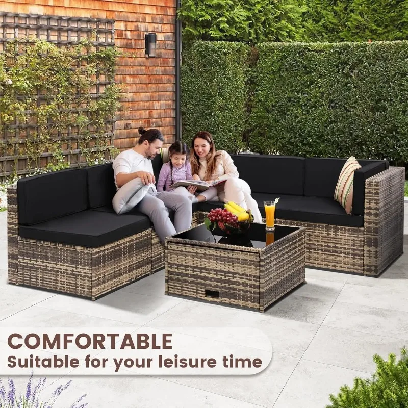 Wicker Patio Sectional Set with Thick Cushions, Glass Top Storage Table