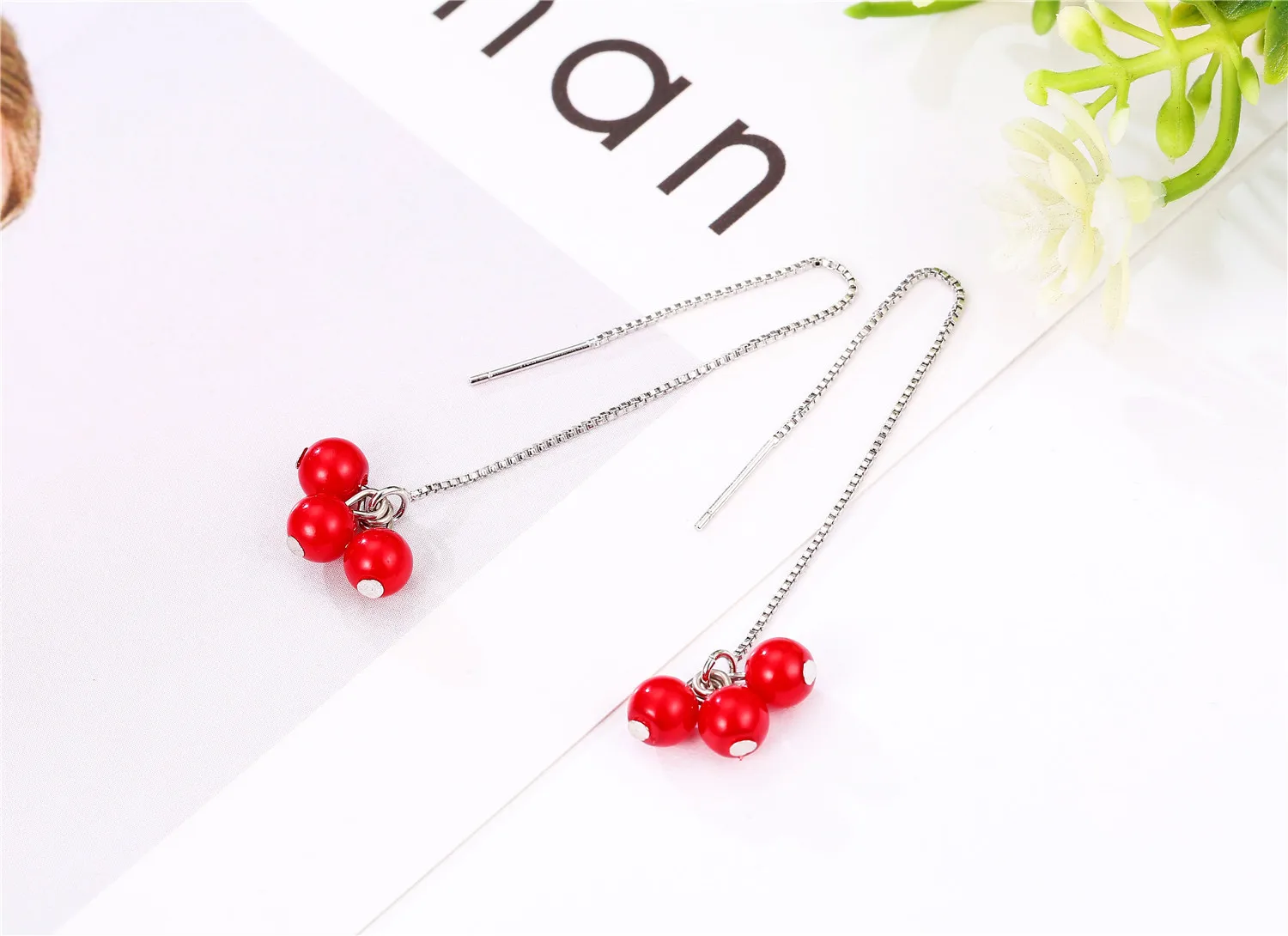 925 Sterling Silver Trendy Long Red Bean Stud Earrings Elegant Feminine Ear Jewelry Ideal For Women Daily Wear And Gift Giving