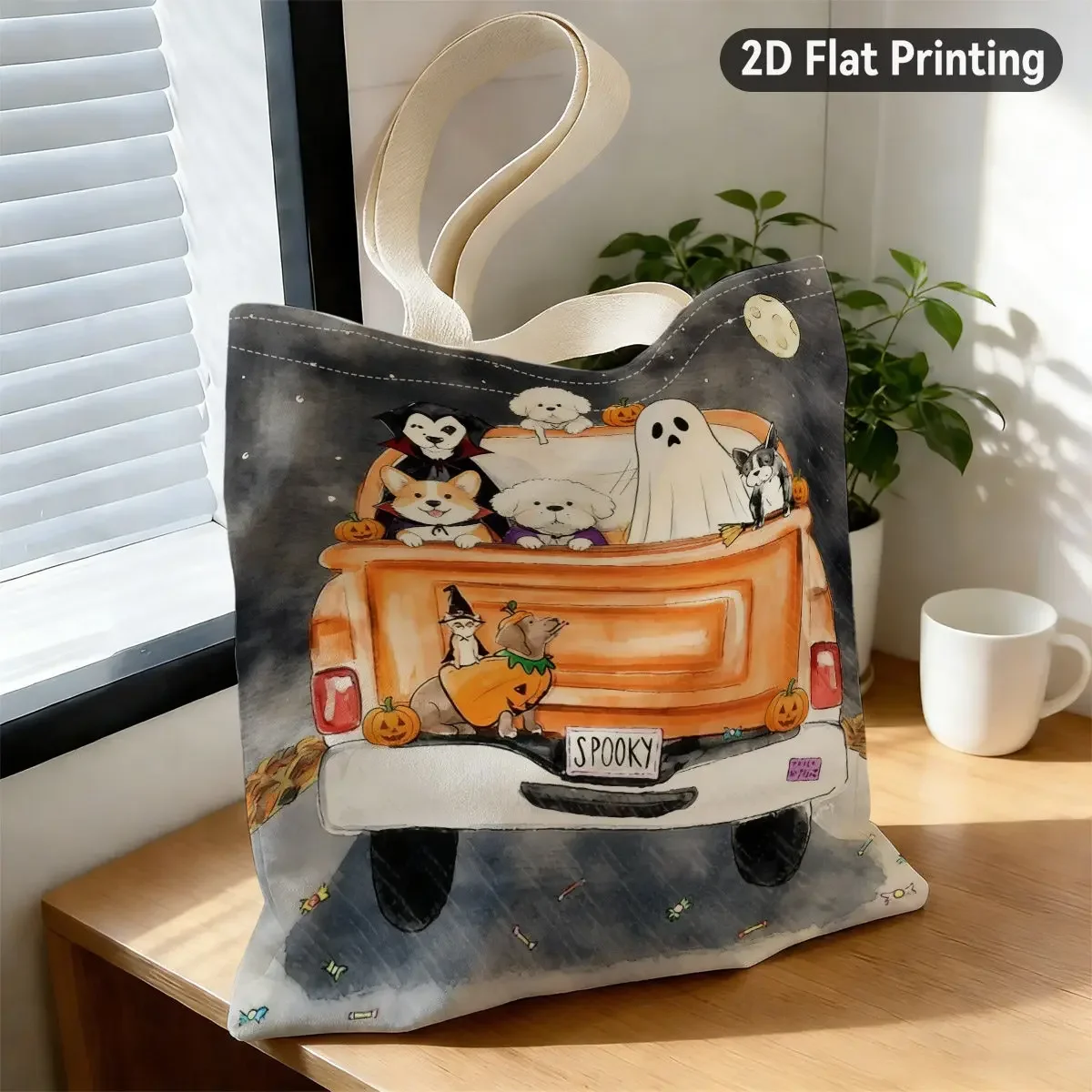2d Flat 1pc Watercolor Halloween Pets And Durable Tote Bag, Duplex Prints Cute Dogs In Truck with Pumpkin, Ideal for Grocery Sho