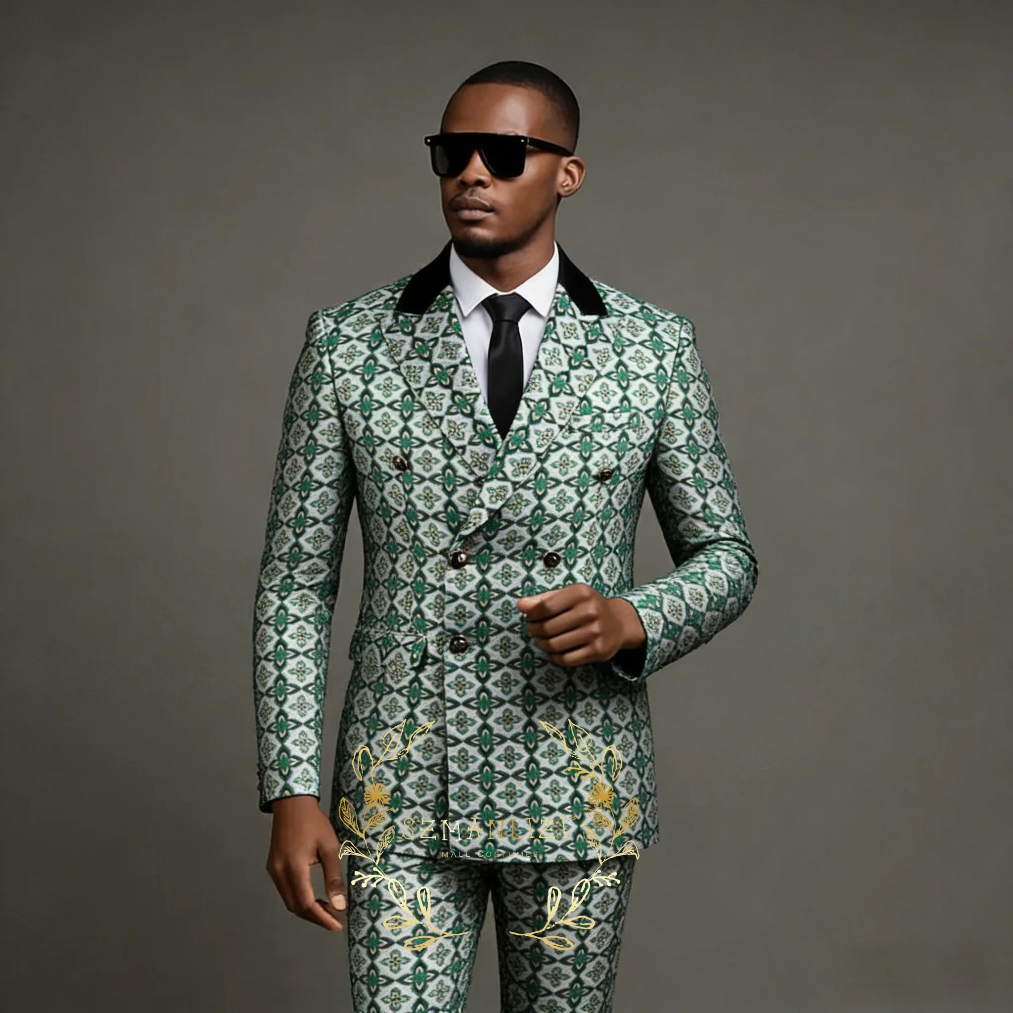 Green Floral Plaid Men Suits Double Breasted 2026 Latest Design Peaked Lapel Groom Wedding Tuxedos Costume Homme 2 Pieces Sets