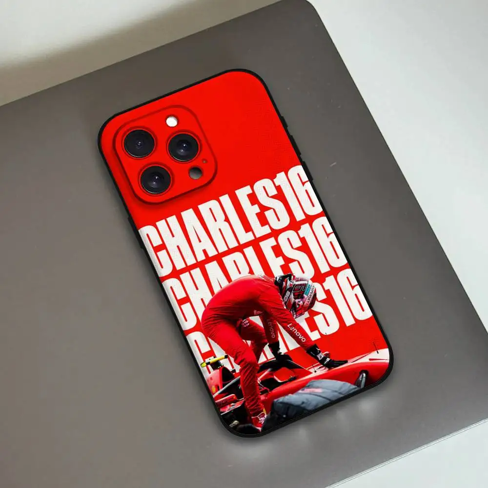 حافظة هاتف Formula 1 F1 C- Charles Leclerc غلاف أسود لهاتف آيفون 17/16/15/13/14 Pro Max/ 11 Plus/X/Xr/Xs Max/12 نماذج صغيرة