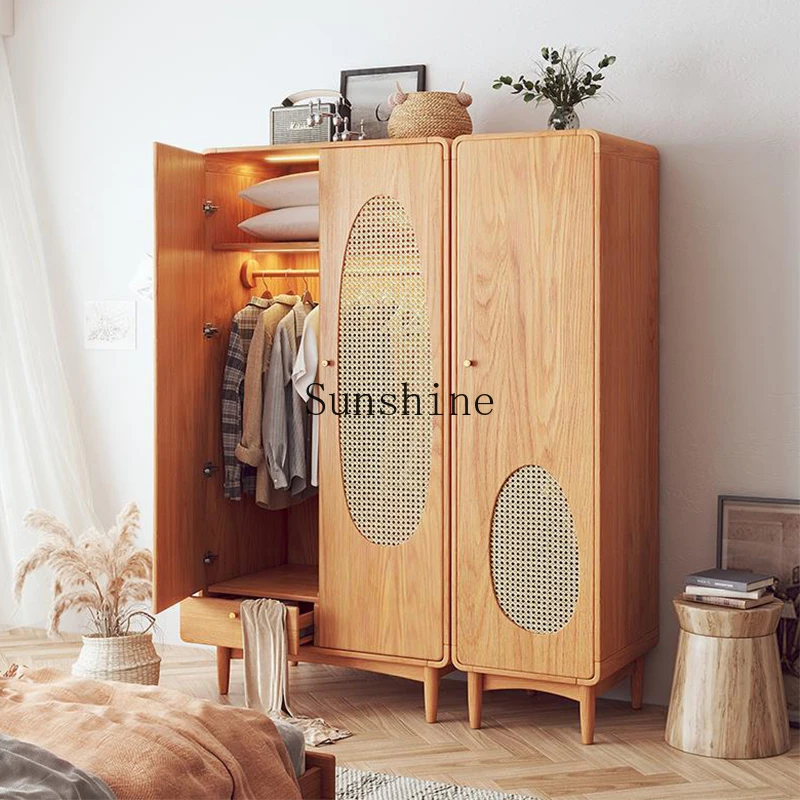 

Small fresh solid wood wardrobe bedroom rattan small apartment Japanese-style household simple