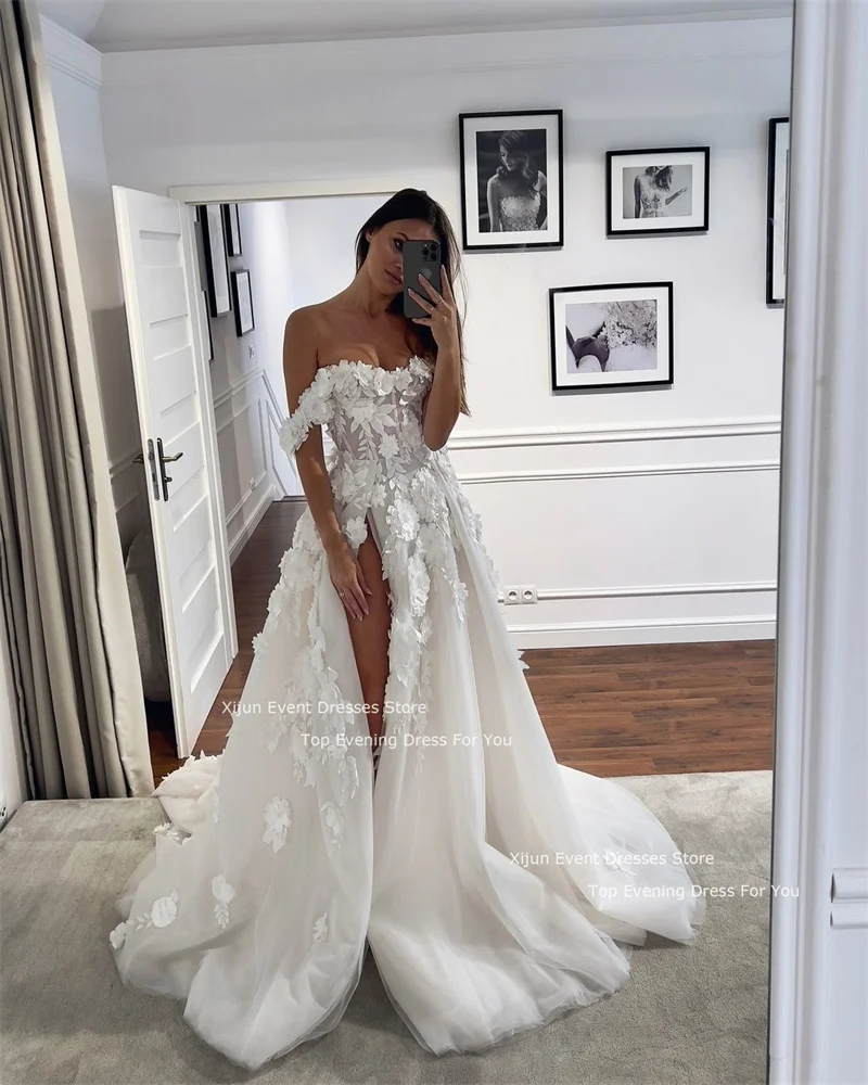 Xijun Princess Long A-Line Wedding Dresses 3D Flowers Appliques Sexy Slit Bridal Gowns Sleeves Off The Shoulder Bride Gown Women