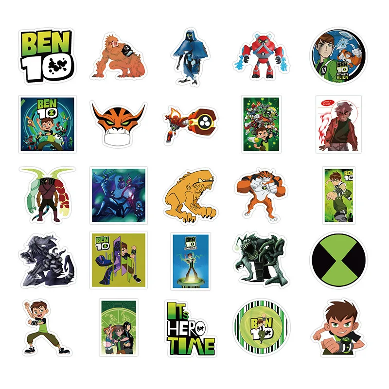 50pcs/set Ben 10 Cartoon 3D Stickers Toys Anime Figures Ben Wildmutt Four Arms Grey Matter XLR8 Upgrade Waterproof Stickers Toys