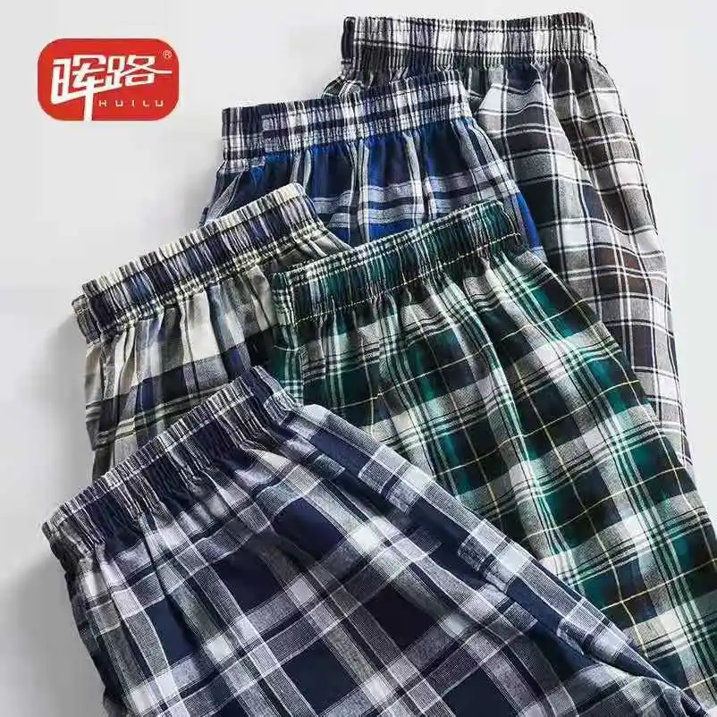 Wholesale HuiLu Cotton Short Lounge Pants for Men -  Woven Soft Plaid Check Sleeping Pajama Pants with Pockets 5 Pack