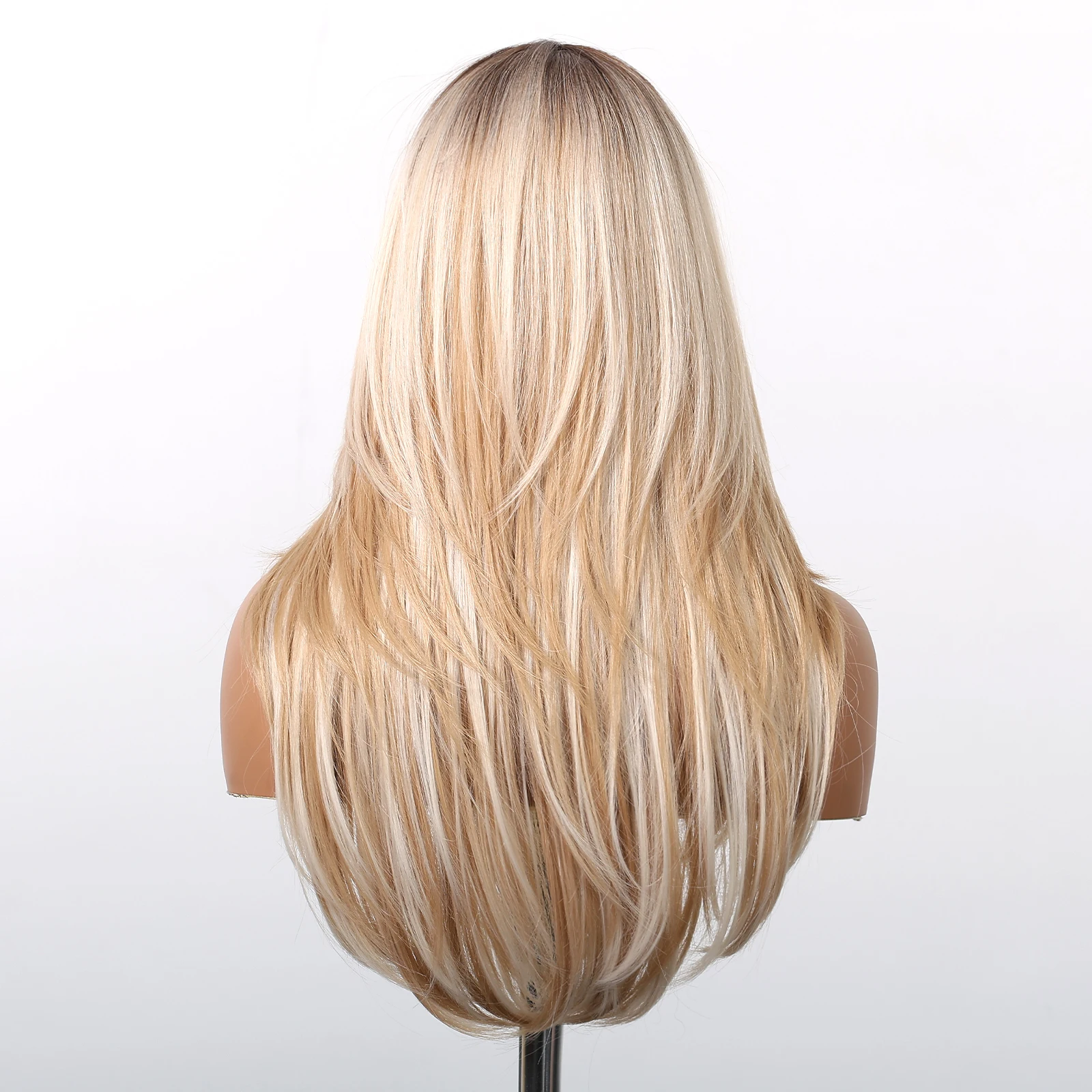 Blonde Golden Synthetic Wigs Long Hairline Lace Hair Wigs Layered Straight for Women Daily Middle Part Heat Resistant Fiber