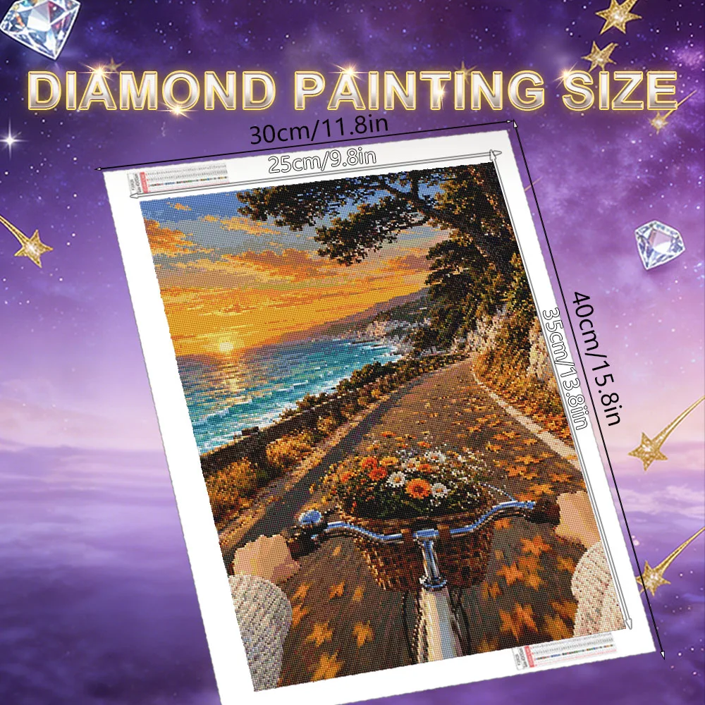 HUACAN Beach Diamond Painting Bicycle Landscape Resin Square Round Drill Diamond Mosaic Sunset Seaside Christmas Gift Handmade
