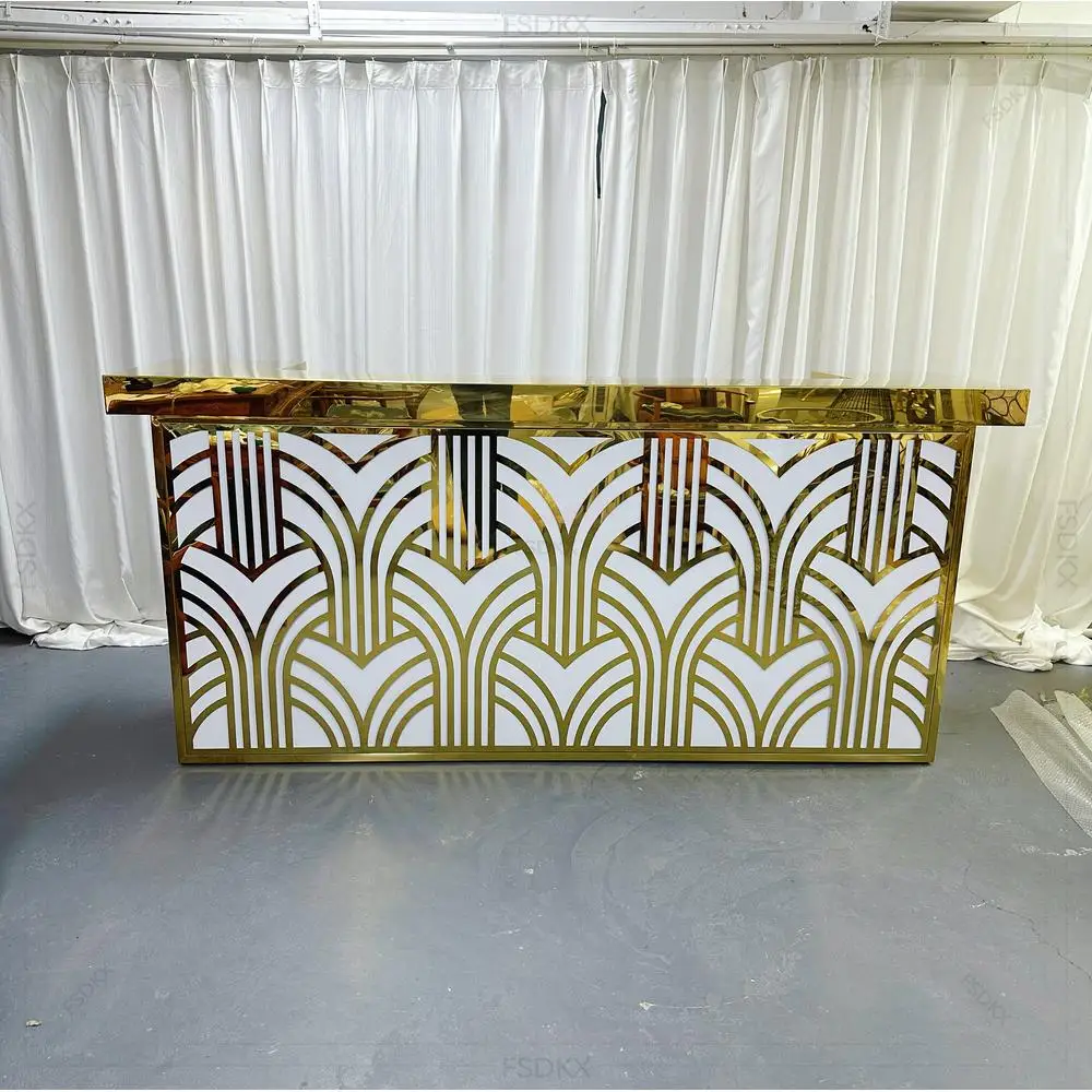 Gold Art Decor Geometric Laser Cut Stainless Steel Reception Bar Counter for Wedding Banquet Hotel Event Decor