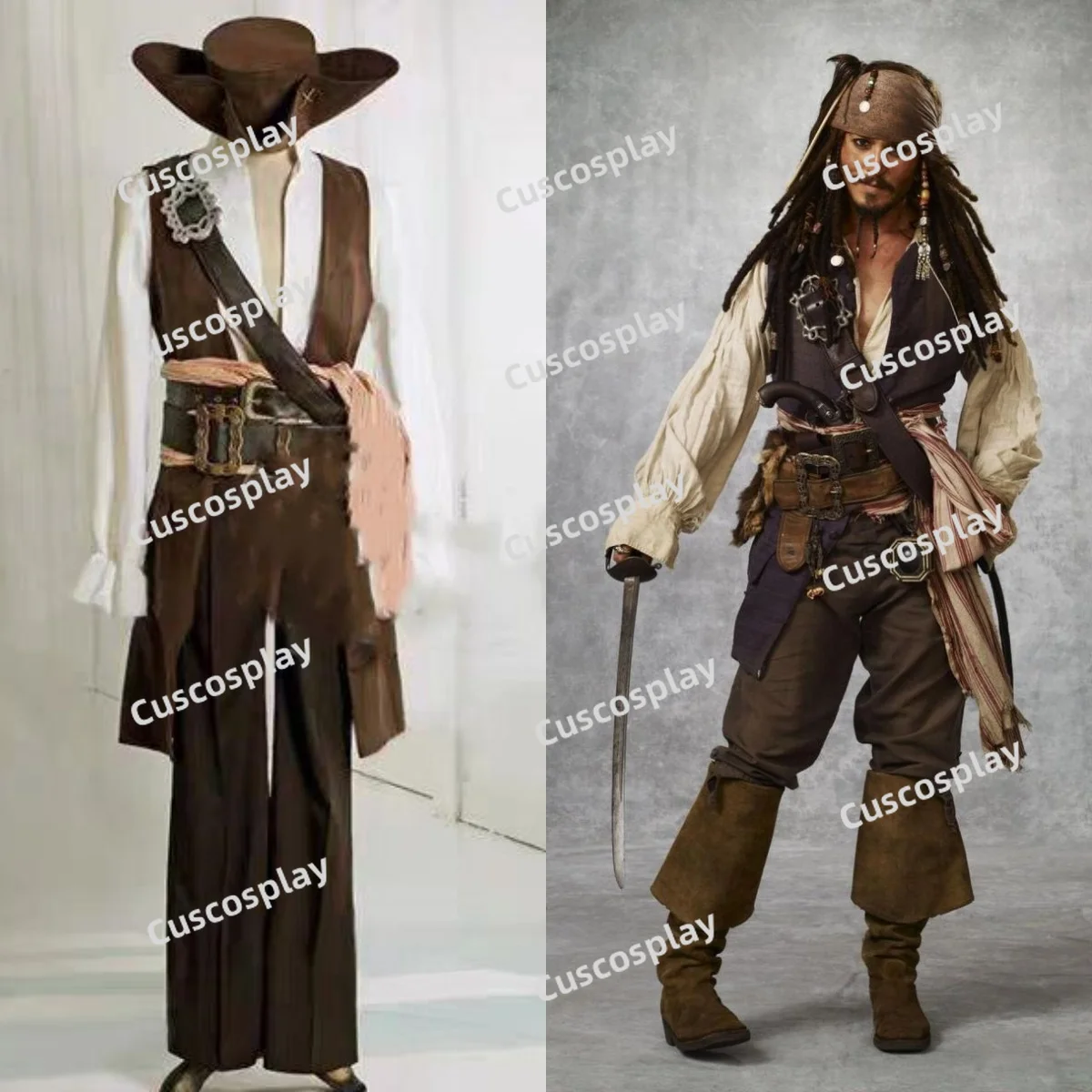 Capitão Jack Sparrow traje cosplay masculino, uniforme pirata, casaco caribenho, roupa de Halloween, camisa e calça