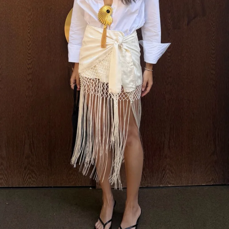 Trendix Women Tassle Skirt Summer High Waist Bandage Hollow Out Mini Skirts 2026 Beach Party Fashion Fringe Crochet Mesh Skirt