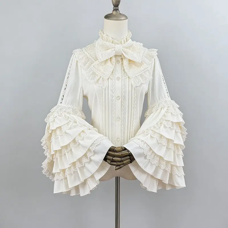 

Gothic Vintage Ruffles Long Sleeve Blouses Y2k Aesthetic Retro Tops Blusas Bow Design Elegant Lolita Shirts Women Female
