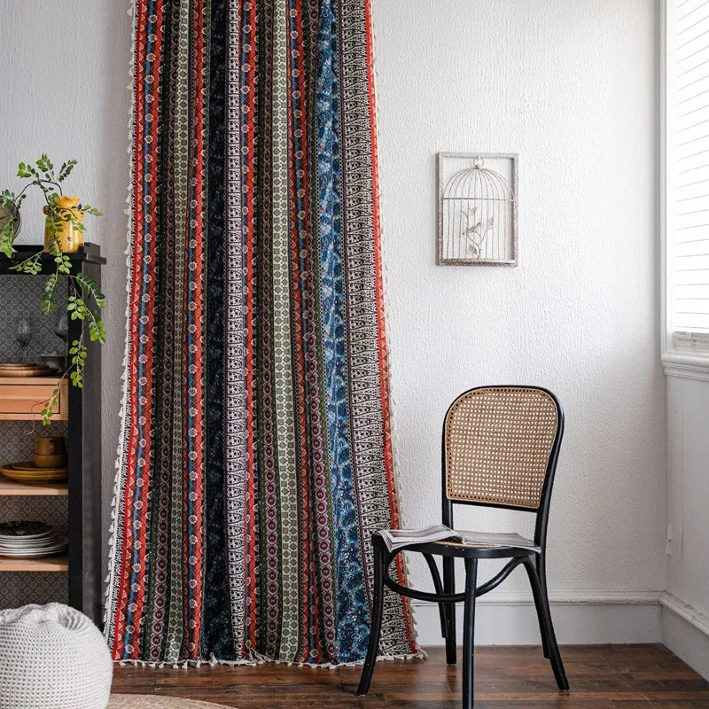 Bohemian Cotton Linen Geometry Curtains for Bedroom Kitchen Curtains with Tassel Country Style Living Room Blackout Curtains