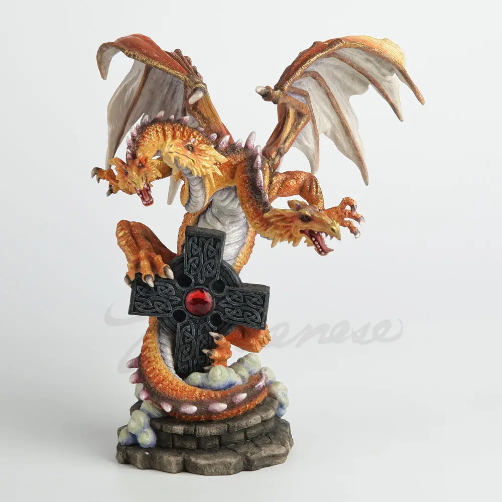 Three Headed Golden Dragon Resin Figurine Fantasy Triple Headed Dragon Statue Celtic Cross Base Mythical Creature Home Ornament