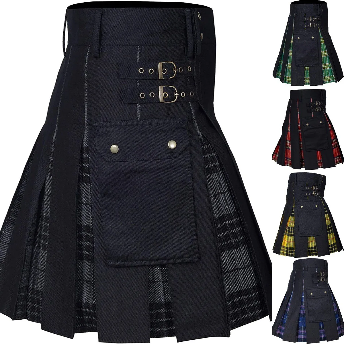 Summer Men's Clothing Plaid Color Block Camo Pleated Skirt For Man Linen Wide Hem Traditional Scottish Kilt Style Casual Wear