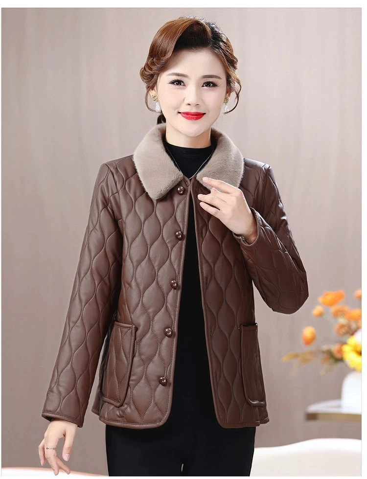 Madri di mezza età con giacca imbottita in cotone caldo velluto Cappotto da donna in similpelle alla moda Giacca invernale in cotone felpato