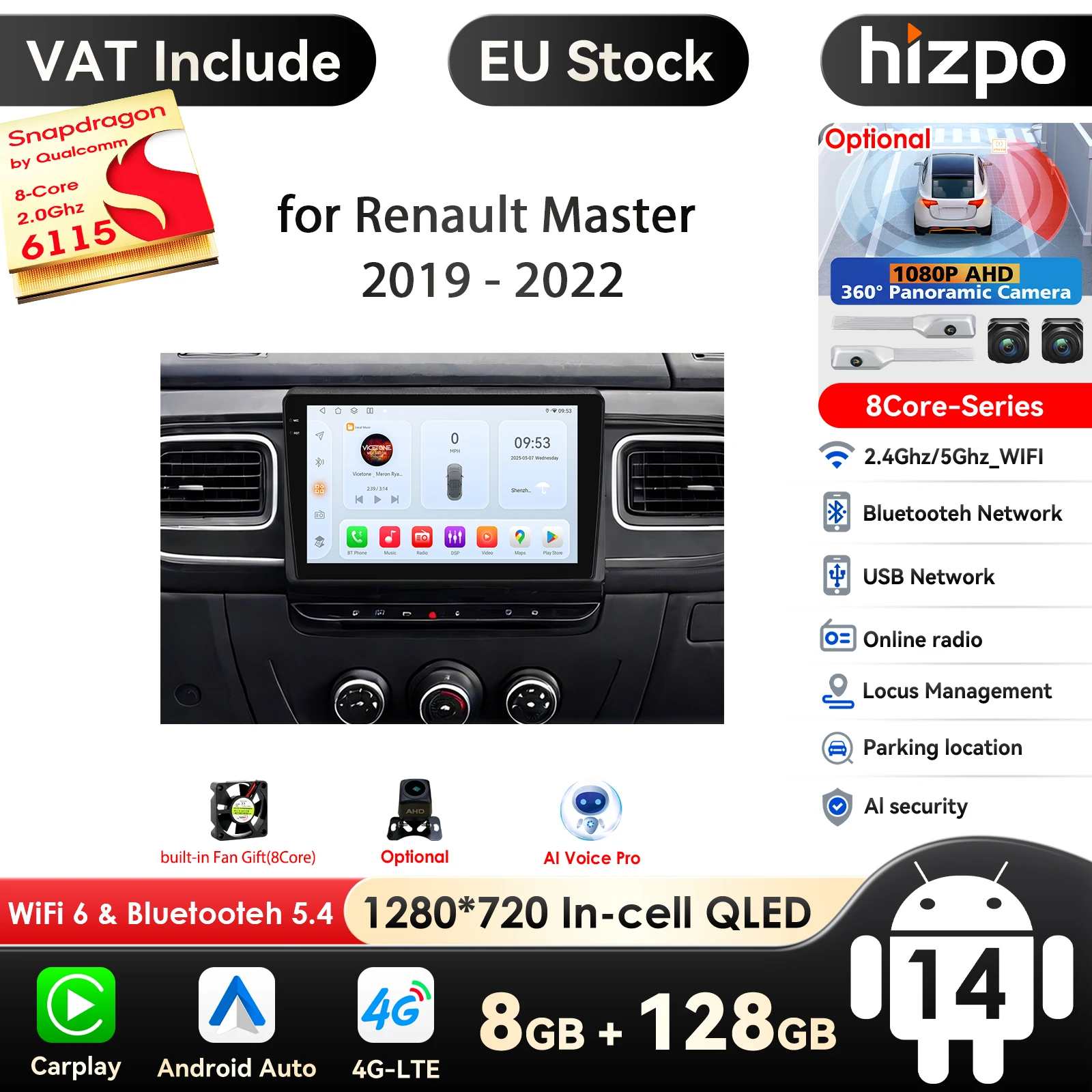 Hizpo Snapdragon Wireless Carplay Android Auto Radio für Renault Master 2019 2020 2021 2022, Auto-Multimedia-Player, GPS-Navigation