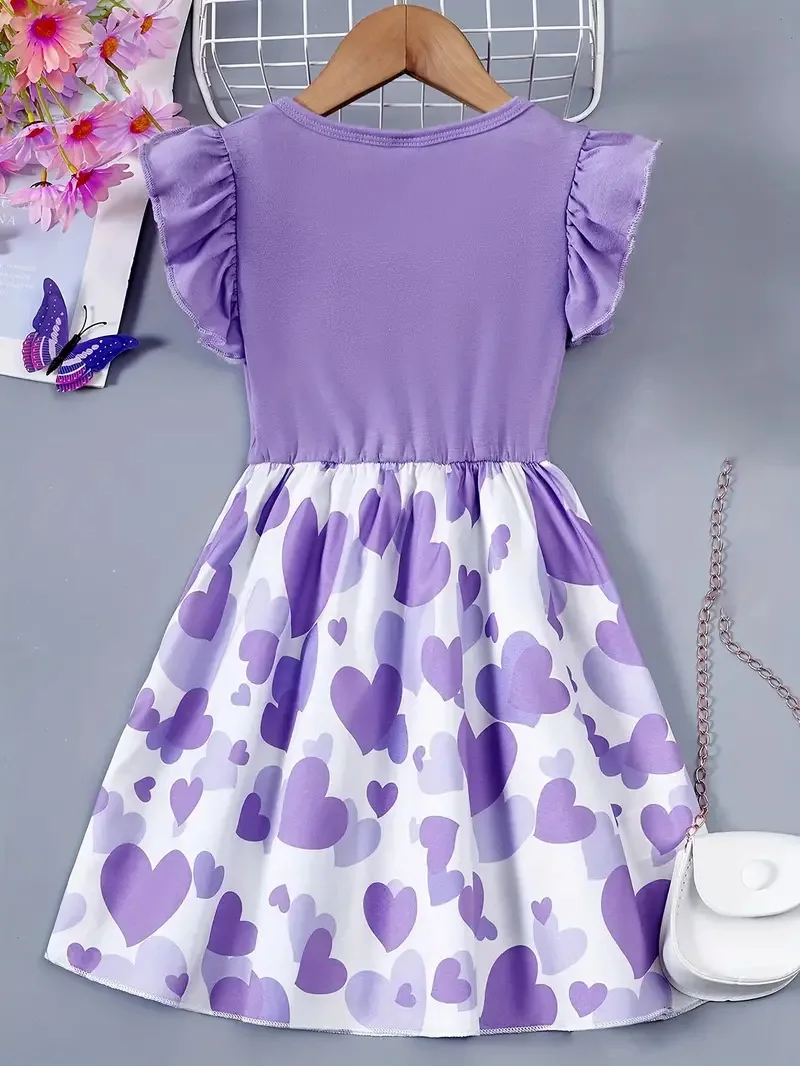 2026 Summer New Girls Dress Children Knitting Small Flying Sleeve Printed Heart Princess Dress 2-8Years Kids Casual Dress