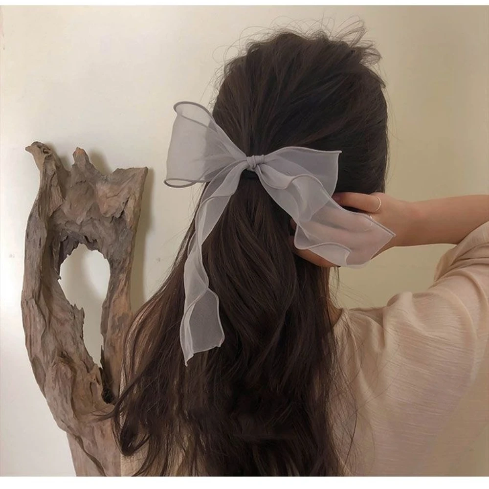 White Black Organza Bow Fluttering Ribbon Hair Ties for Women French Female Headdress Elastic HairRope Girl Hair Accessories view 6