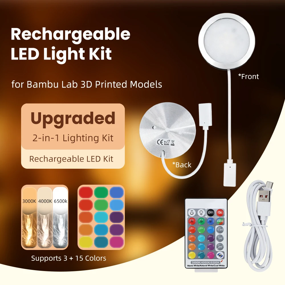 New LED Lamp kit 001 For Bambu Lab LED Lamp DIY Model Hardware colors Adjustable, Rechargeable LED Light with Remote Control