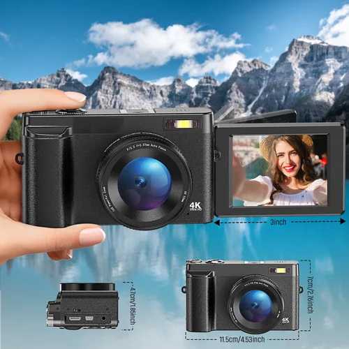 Imagen 2 del producto Cámara fotográfica Digital 4K, cámara web Autofocu de 48MP, grabadora de vídeo Vlog, cámaras compactas, pantalla abatible de rotación de 180 grados